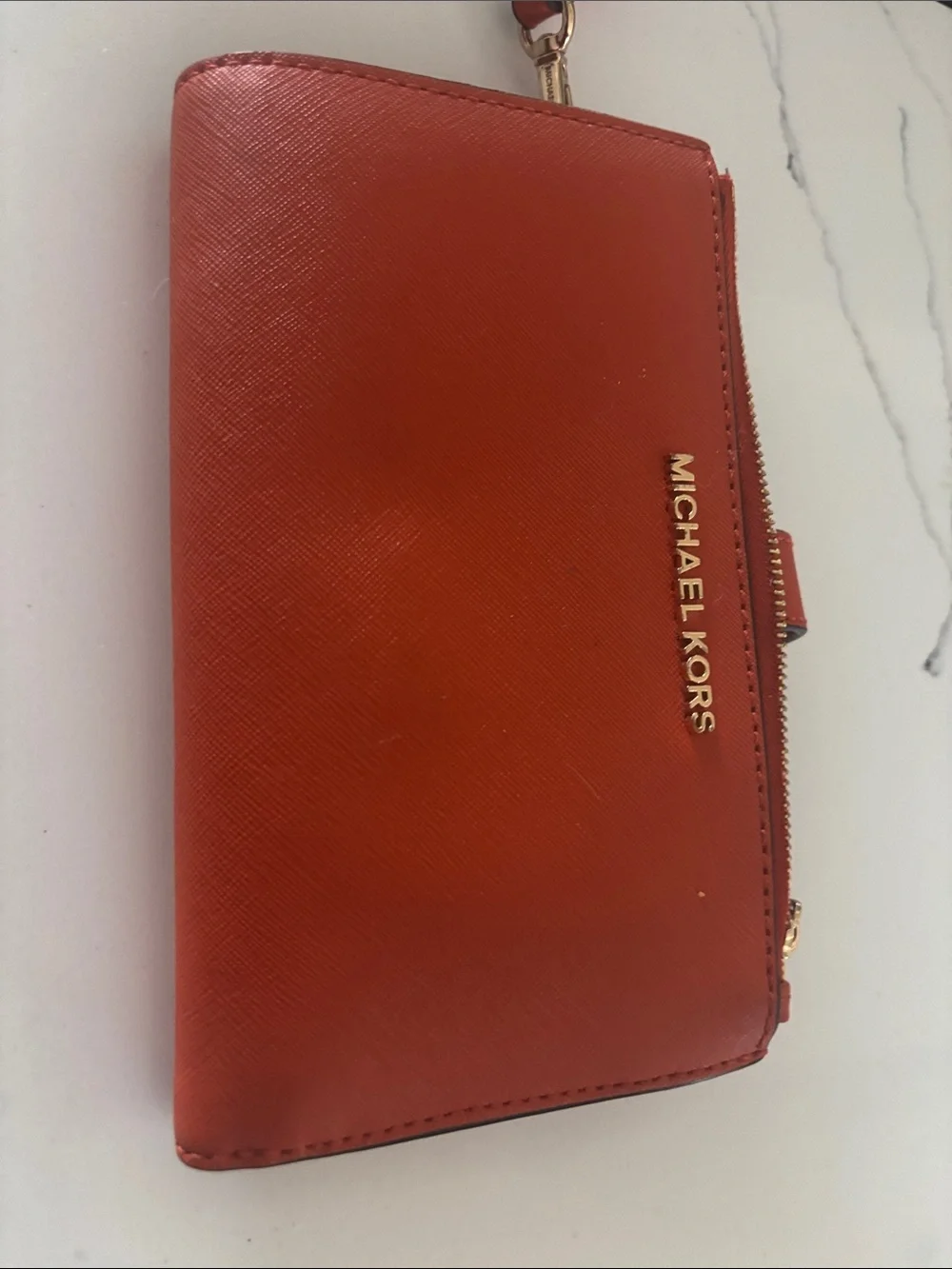 Michael Kors Orange Leather Zip Wristlet Wallet with Gold Logo